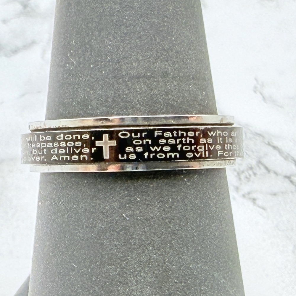 Lord's Prayer Spinner Ring Silver Tone Black Cross Faith Jewelry Size 7.75